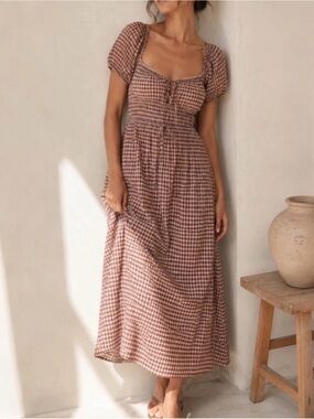 Reformation Brown Gingham Maxi Dress with Square Neckline